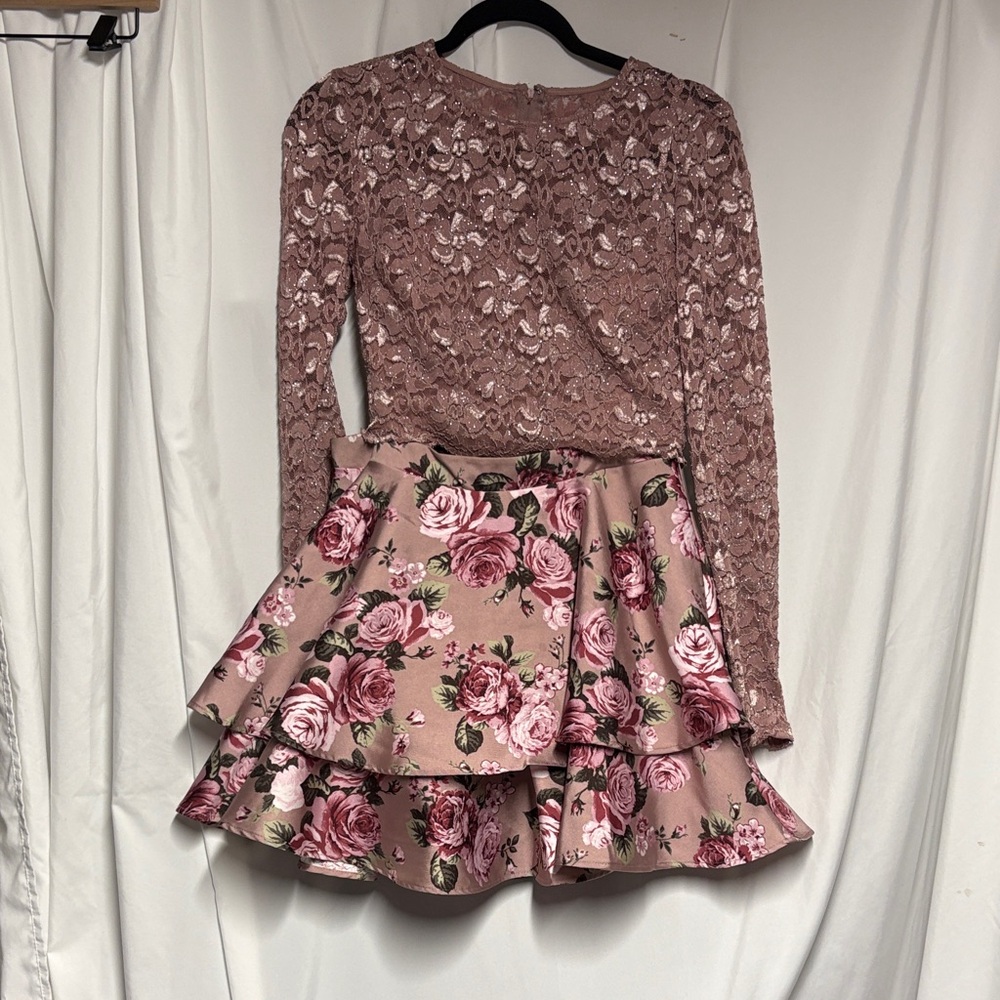 City Studio Pink Floral Lace top and mini skirt
